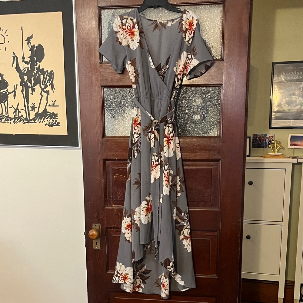 Gray Floral Wrap Maxi Dress - Elegant Women's Dress